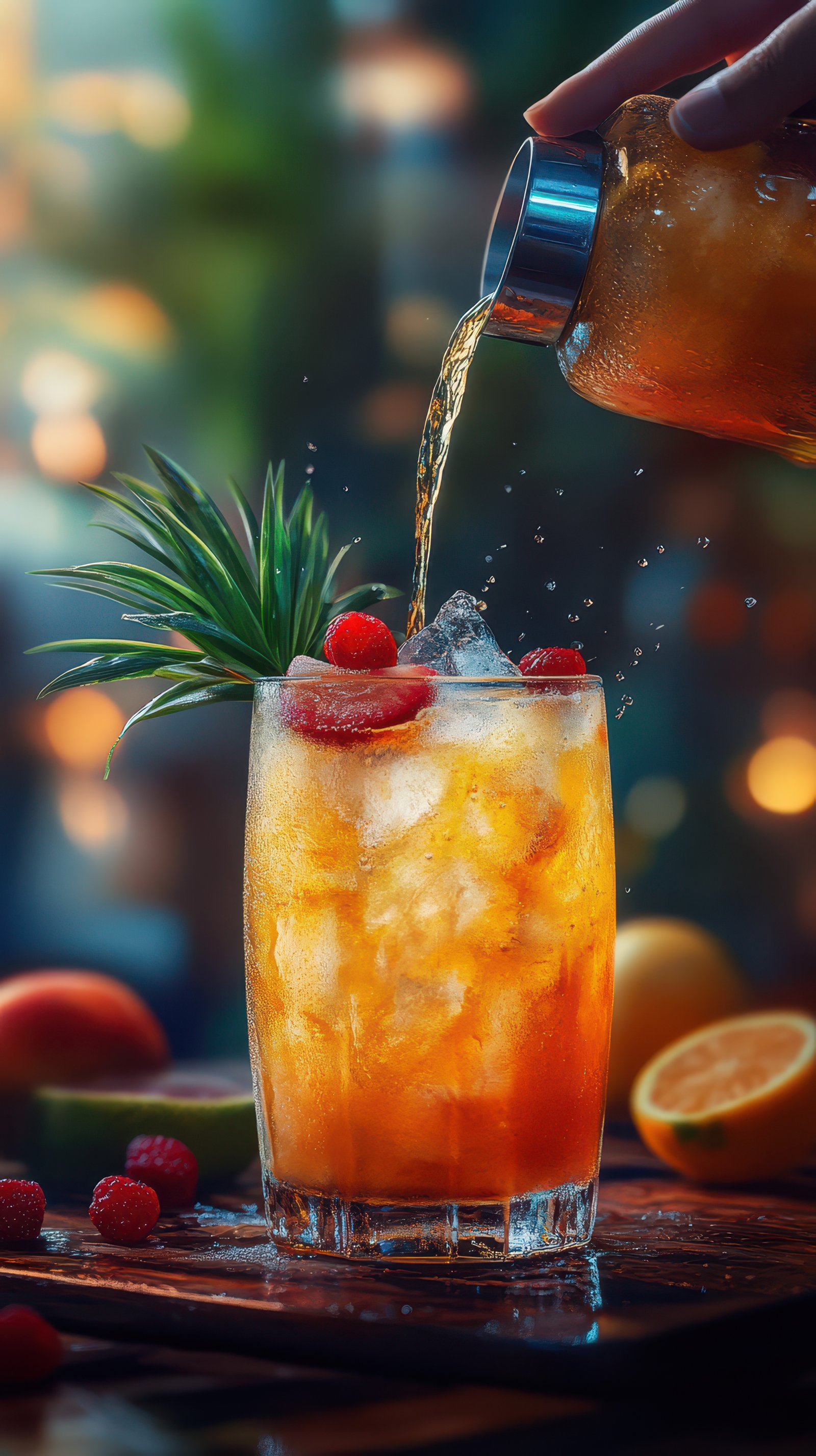 Refreshing summer cocktail with fresh fruit garnish served outdoors during sunset